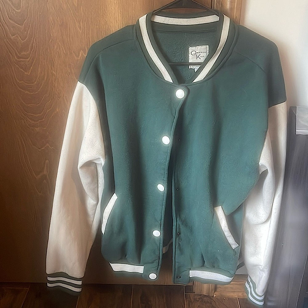 Orange kiss essentials green and white bomber jacket with pockets size medium